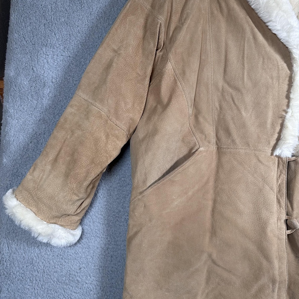 Boundary Waters Coat Womens Large Tan Suede Leather Faux Shearling Shawl Collar - Picture 7 of 16